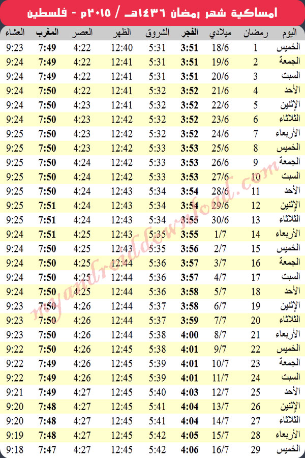 امساكية رمضان 2015 غزة رام الله القدس فلسطين Ramadan 2015 Palestine ماي اندرويد