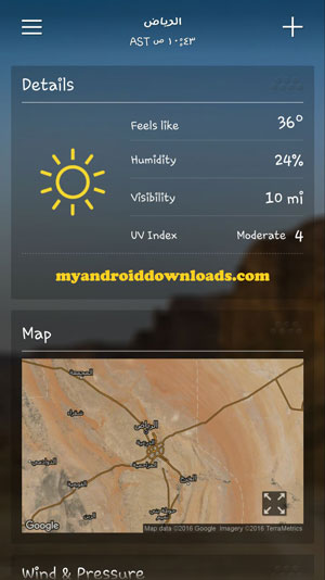 تفاصيل الرطوبة والحرارة والضغط - تحميل برنامج حالة الطقس من ياهو للاندرويد Yahoo Weather