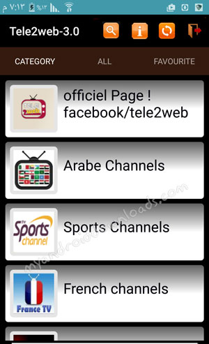 واجهة تطبيق Tele2web برنامج تلفزيون اندرويد قنوات عربية بعد تحميل Tele2web 