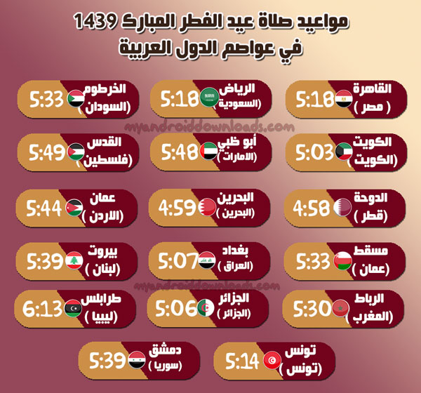 وقت صلاة العيد 2018 في عواصم الدول العربية - وقت صلاة عيد الفطر المبارك 2018 في الدول العربية