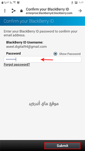 قم باعادة ادخال كلمة المرور الخاصة بحساب  BBM Enterprise 