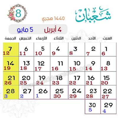 التقويم الهجري والميلادي 2019 مع الأحداث الإسلامية ، تاريخ اليوم وتاريخ رمضان 2019