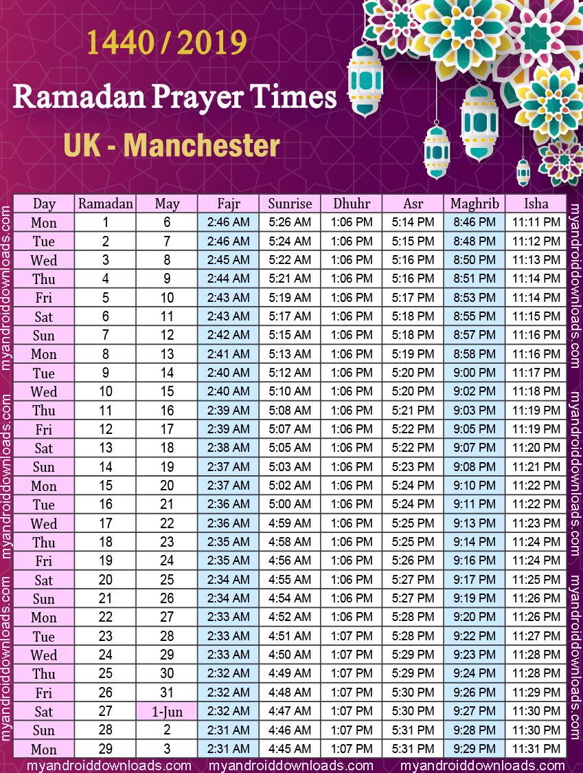 امساكية رمضان 2019 بريطانيا مانشستر تقويم رمضان Ramadan imsakia 2019 The UK