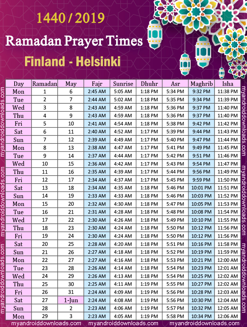 امساكية رمضان 2019 فنلندا هلسنكي تقويم رمضان Ramadan Imsakia 2019 Finland