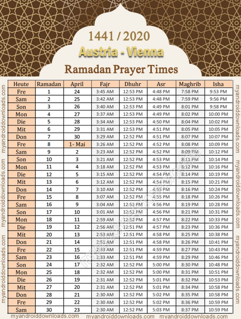 امساكية رمضان 2020 النمسا فينا تقويم رمضان 1441 Ramadan 2020 ...