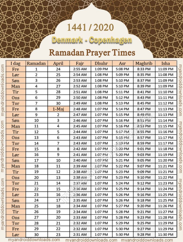 تحميل امساكية رمضان 2020 الدنمارك كوبنهاجن تقويم رمضان 1441