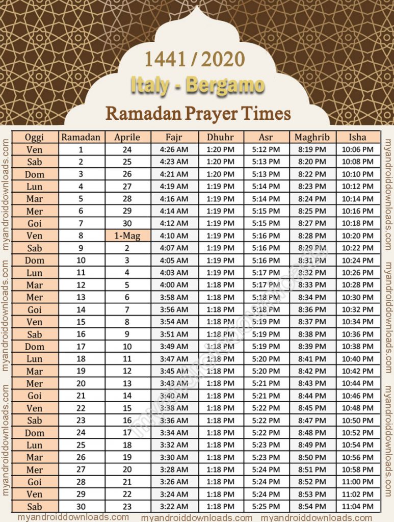 امساكية رمضان 2020 ايطاليا بيرغامو موعد الامساك والافطار 1441 تقويم رمضان 2020