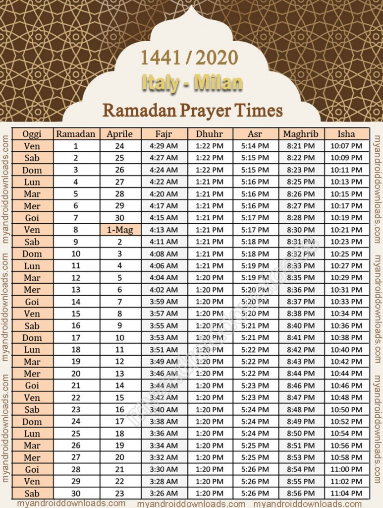 تحميل امساكية رمضان 2020 ايطاليا ميلان موعد الامساك والافطار تقويم 1441 