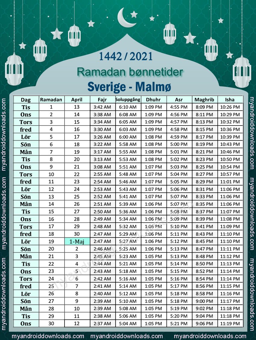 امساكية رمضان 2021 السويد مالمو 1442