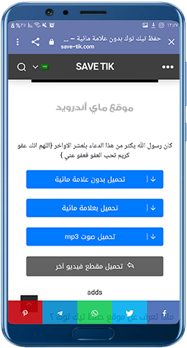 خيارات التحميل من موقع save tik 
