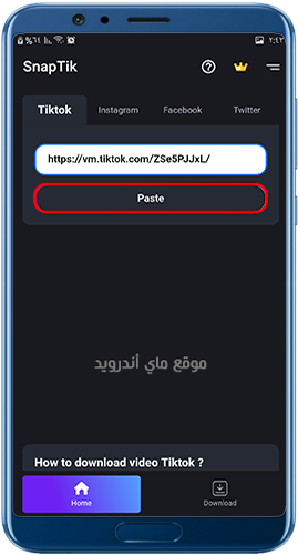 قم بلصق رابط فيديو تيك توك في برنامج سناب تيك