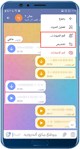 تخصيص الصوت وكتم المحادثة عند تنزيل تلغرام 