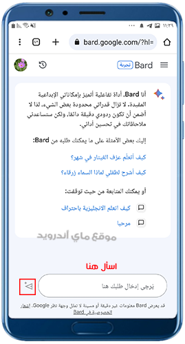 الصفحة الرئيسية في تطبيق Google Bard